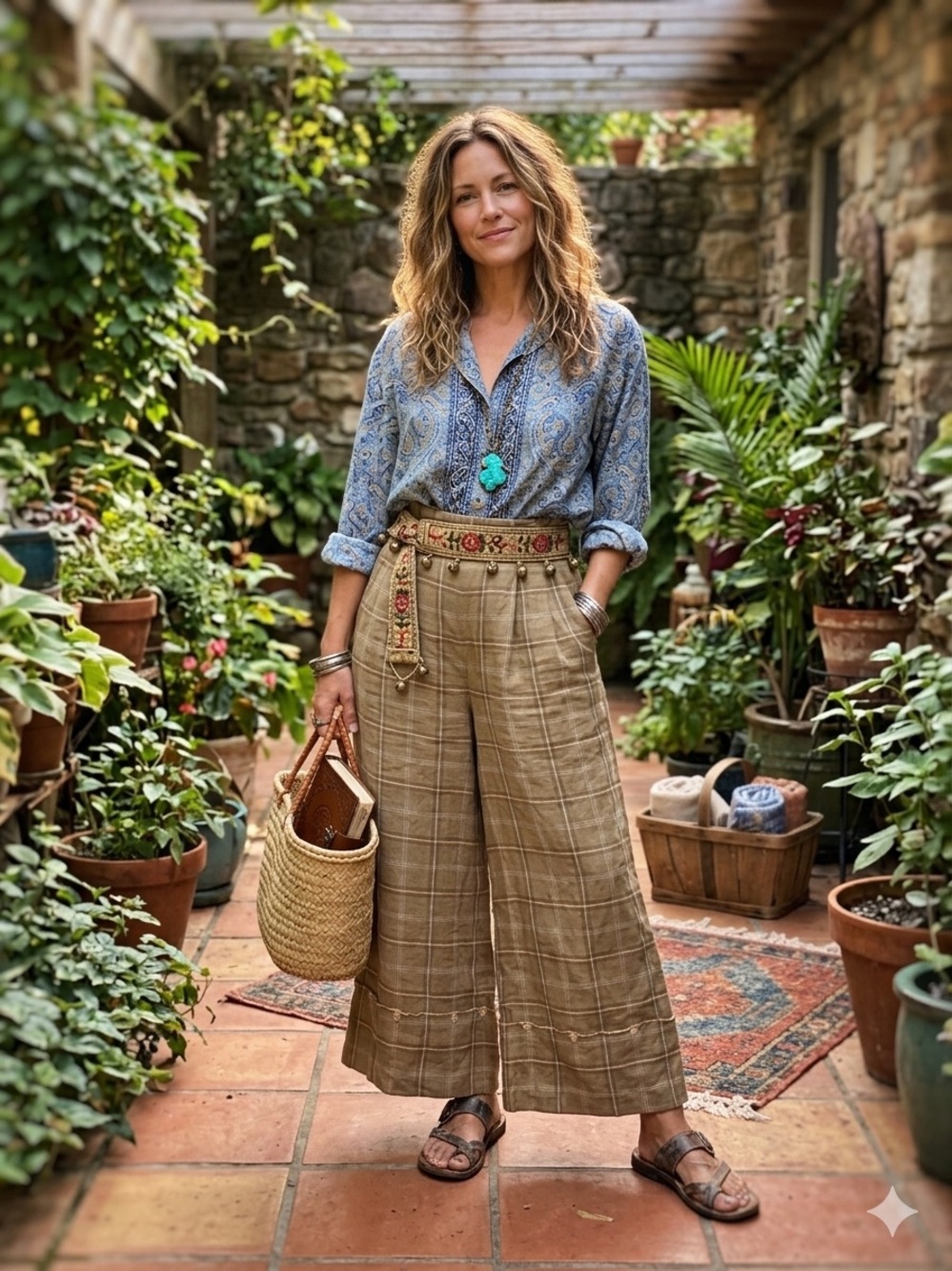 Vintage Tan Plaid Wide-Leg Pants